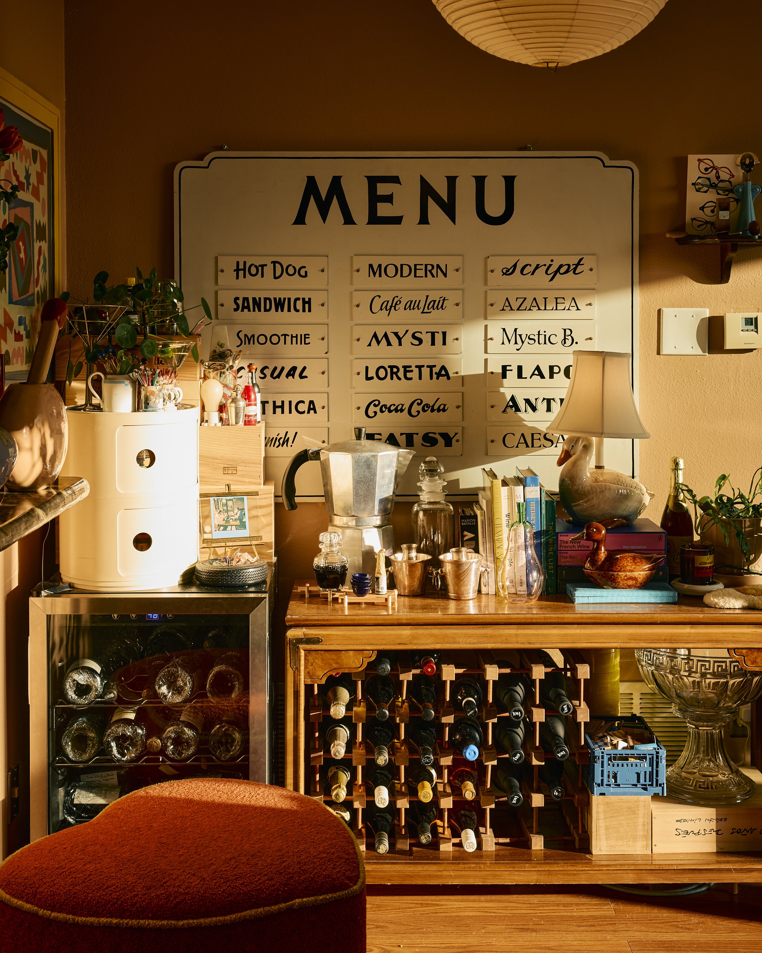 Menu sign from Mystic Blue Signs in New Orleans now lives in an apartment in Houston, TX. Image by Austin-based lifestyle photographer, Mackenzie Smith.