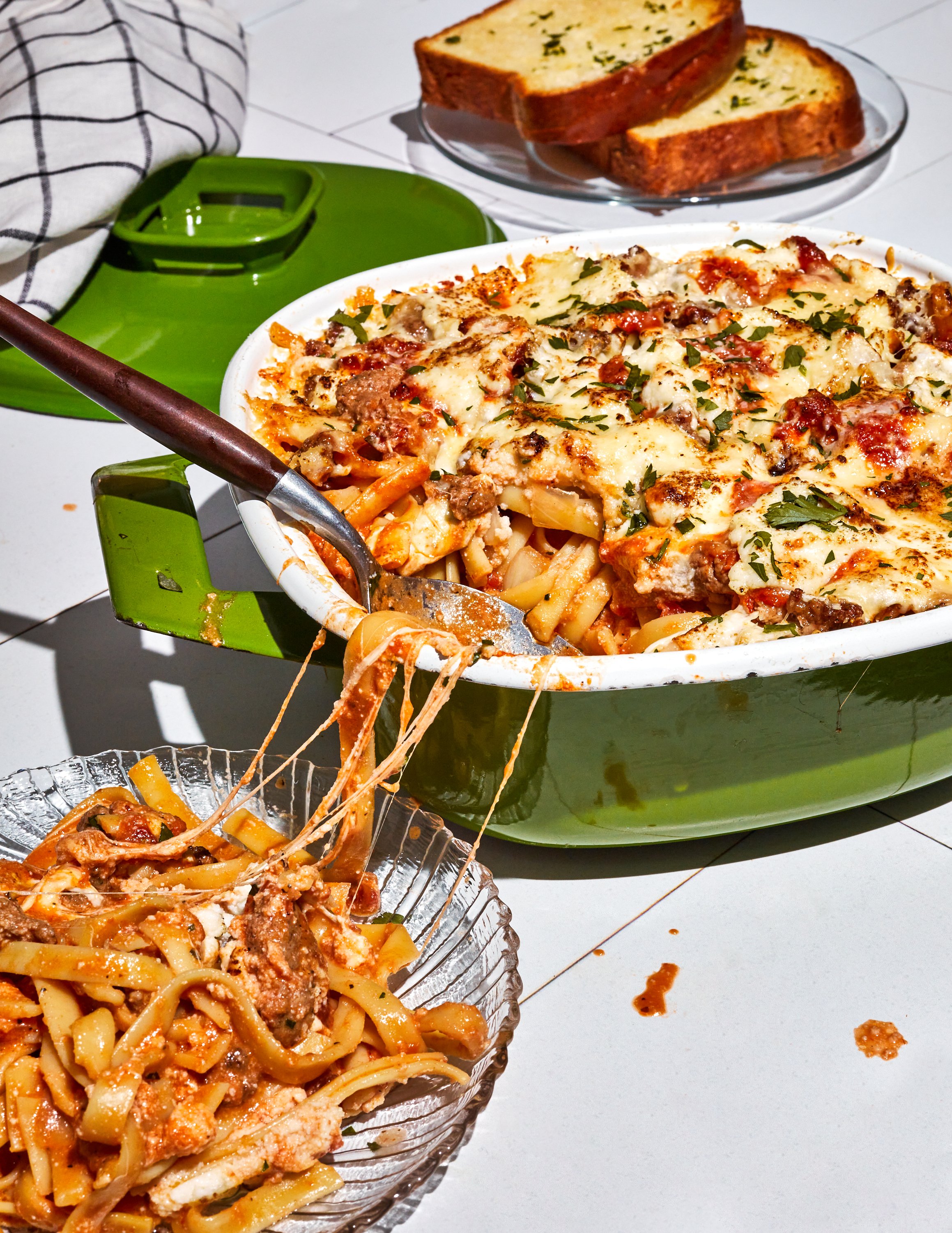 Pasta bake with house cream sauce by Jen Hatmaker for her cookbook, Feed These People. Image by cookbook photographer, Mackenzie Smith from Austin, Texas.