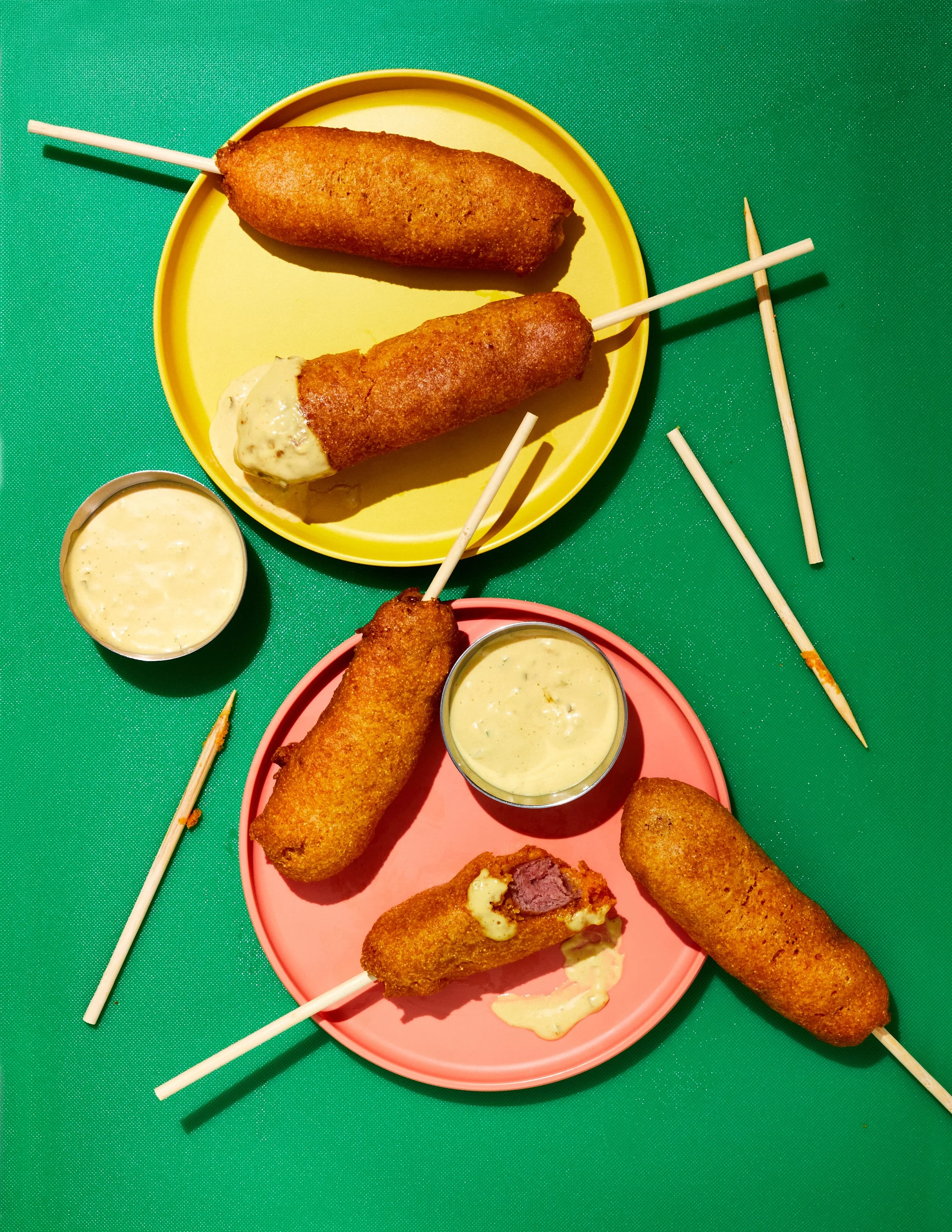 Homemade corn dogs for Jen Hatmaker's cookbook, Feed These People. Image by Austin-based food photographer, Mackenzie Smith.