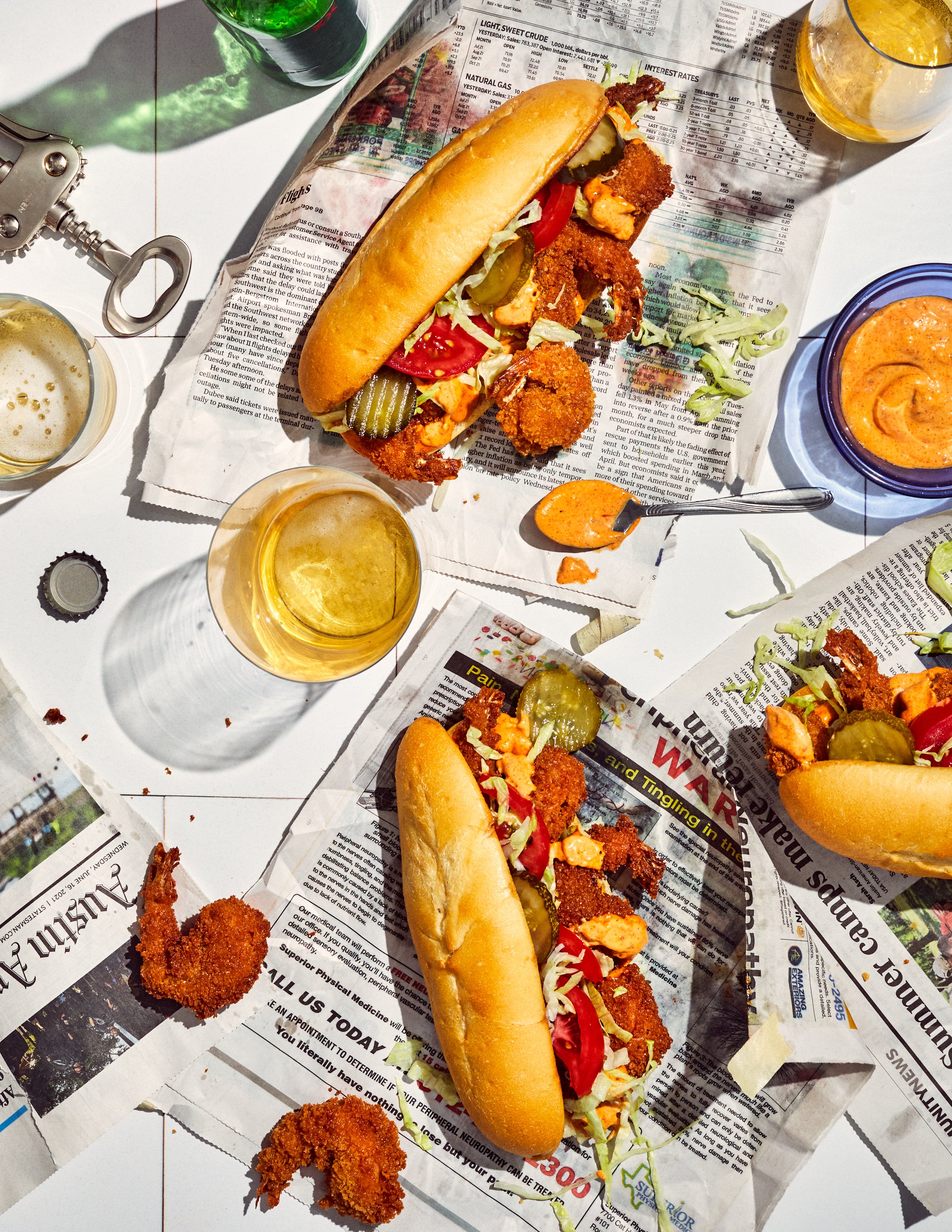 Spicy cajun shrimp po'boys for Jen Hatmaker's cookbook, Feed These People. Image by Austin-based food photographer, Mackenzie Smith.