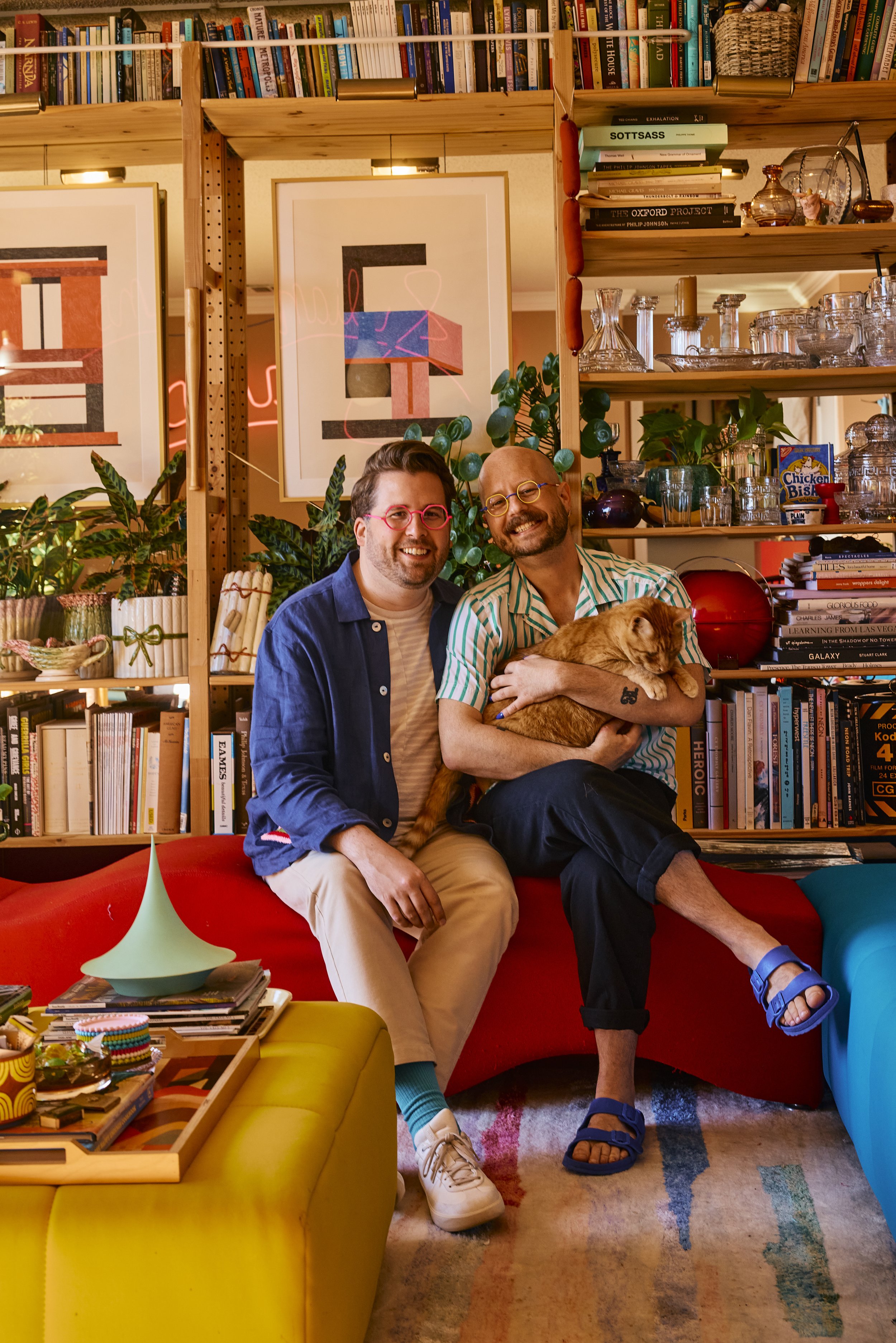 Zach, Taylor and Stu the cat in their apartment in Montrose, Houston, TX. Image by Austin-based portrait and lifestyle photographer, Mackenzie Smith.