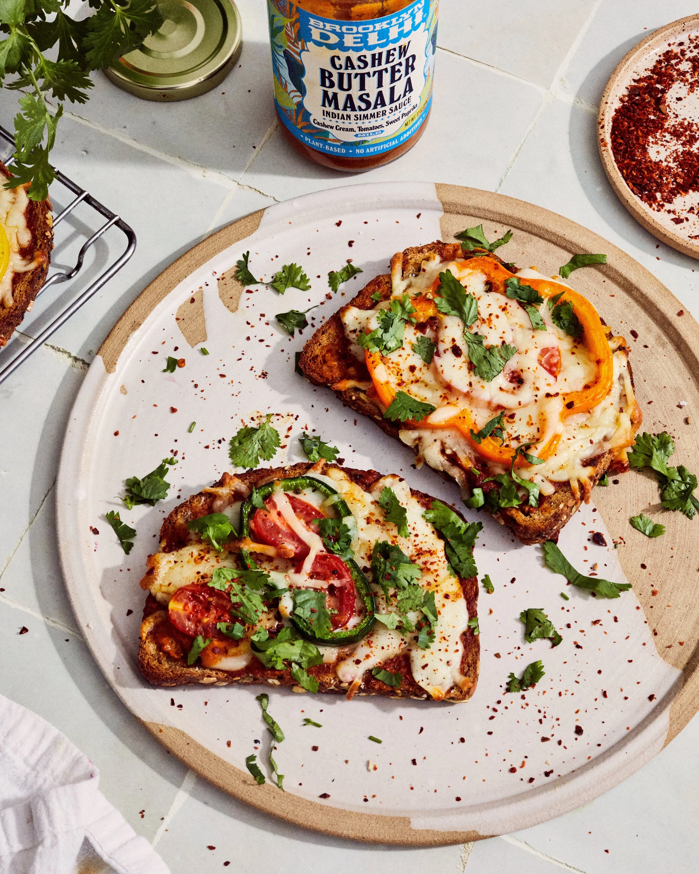 Pizza toast for Brooklyn Delhi. Food styling by Maite Aizpurua. Image by Austin-based food photographer, Mackenzie Smith.