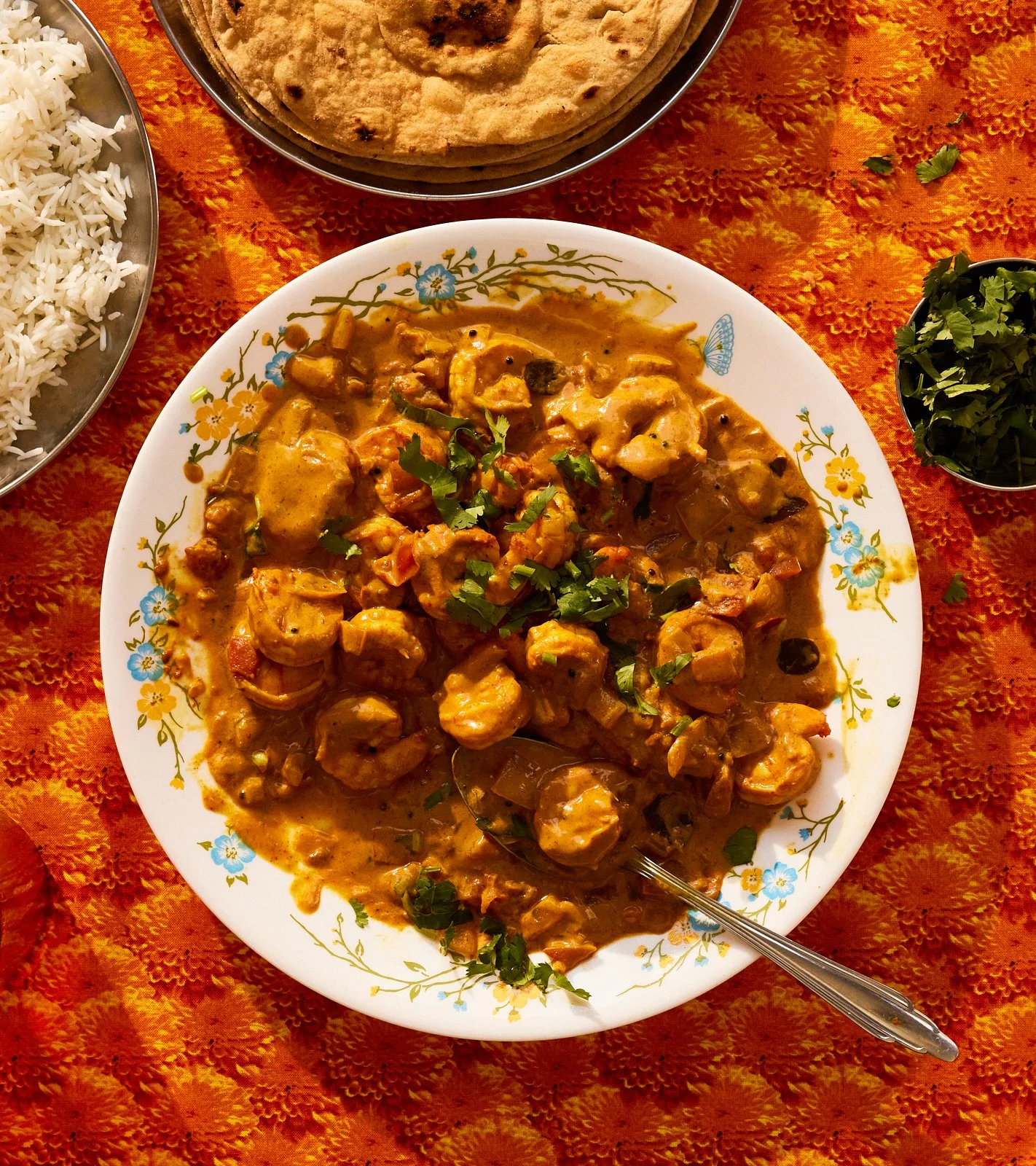 Spicy Shrimp Curry for Priya's Kitchen Adventures cookbook. Image by Austin-based food photographer, Mackenzie Smith.