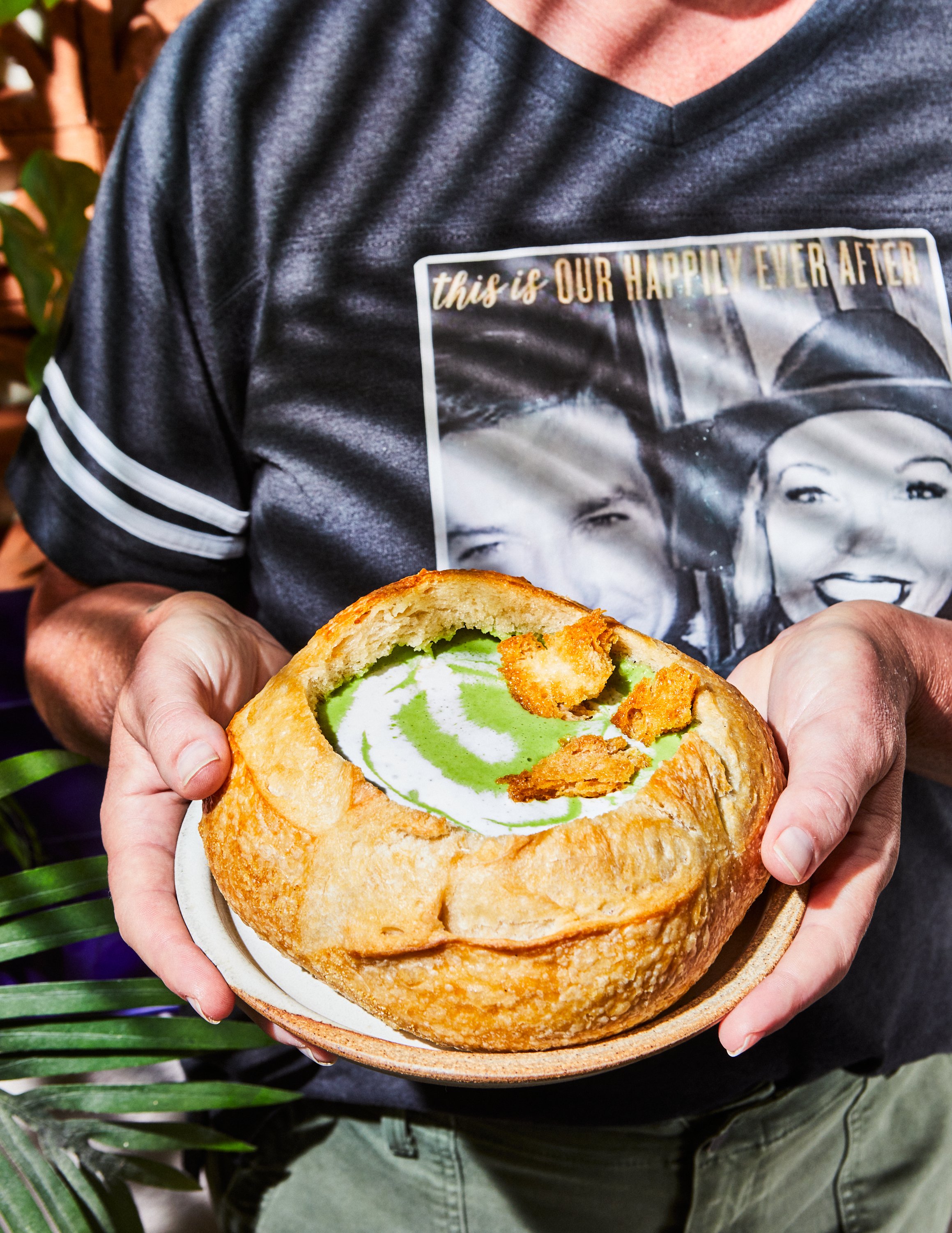 Habanero cream soup in a bread bowl for Jen Hatmaker's cookbook, Feed These People. Image by Austin-based food photographer, Mackenzie Smith.
