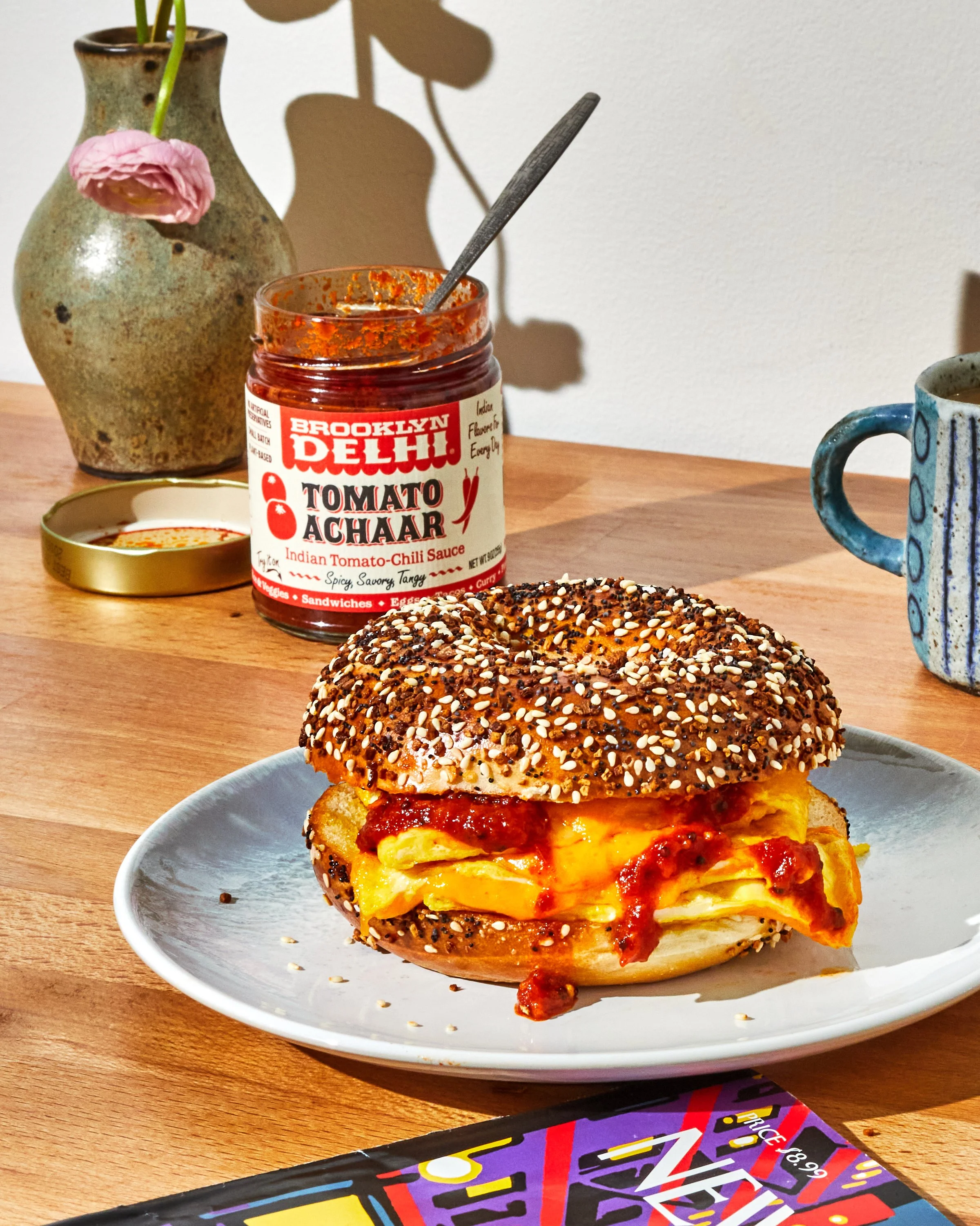 Bagel breakfast sandwich for Brooklyn Delhi. Food styling by Maite Aizpurua. Image by Austin-based food and product photographer, Mackenzie Smith.
