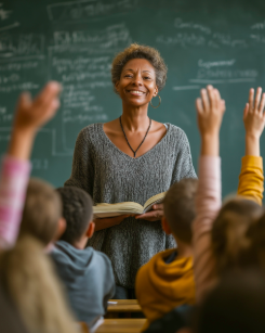 A smiling teacher standing in front of a chalkboard with students raising their hands in a classroom.