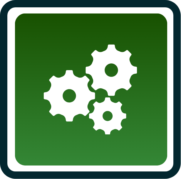 Green square icon with white gear symbols inside.