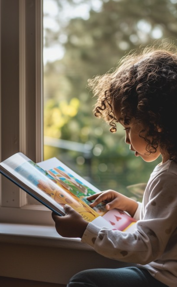 A child reading quietly in warm natural light.