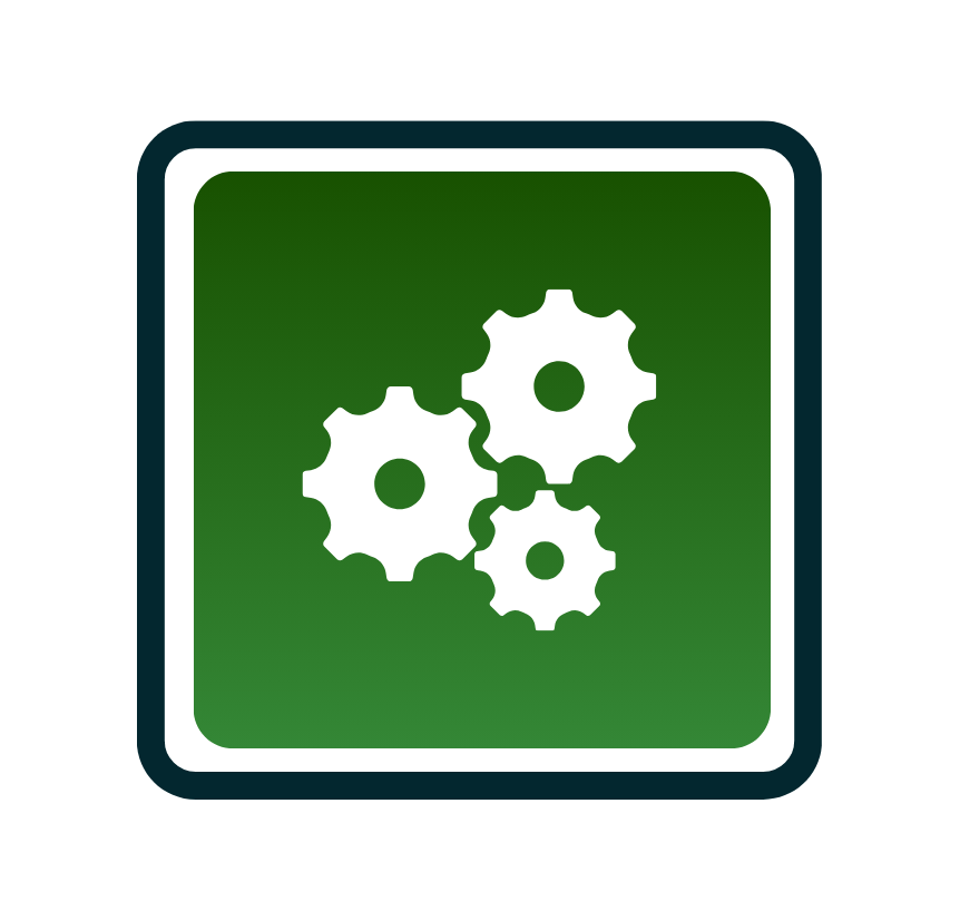 Icon of three white gears inside a green square with rounded corners.