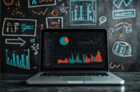 Laptop computer displaying financial charts and graphs in a dark room with chalk sketches of bar charts, line graphs, and statistics on the wall behind.