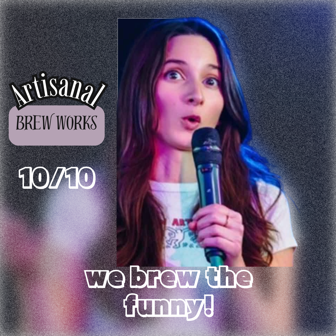 A flyer for a comedy show in Saratoga Springs New York.  The event is taking place at Artisanal Brew Works on October 10th at 8PM. Comedians Dan Madonia, Slater Harrison, and Seamus Fleischer perform.