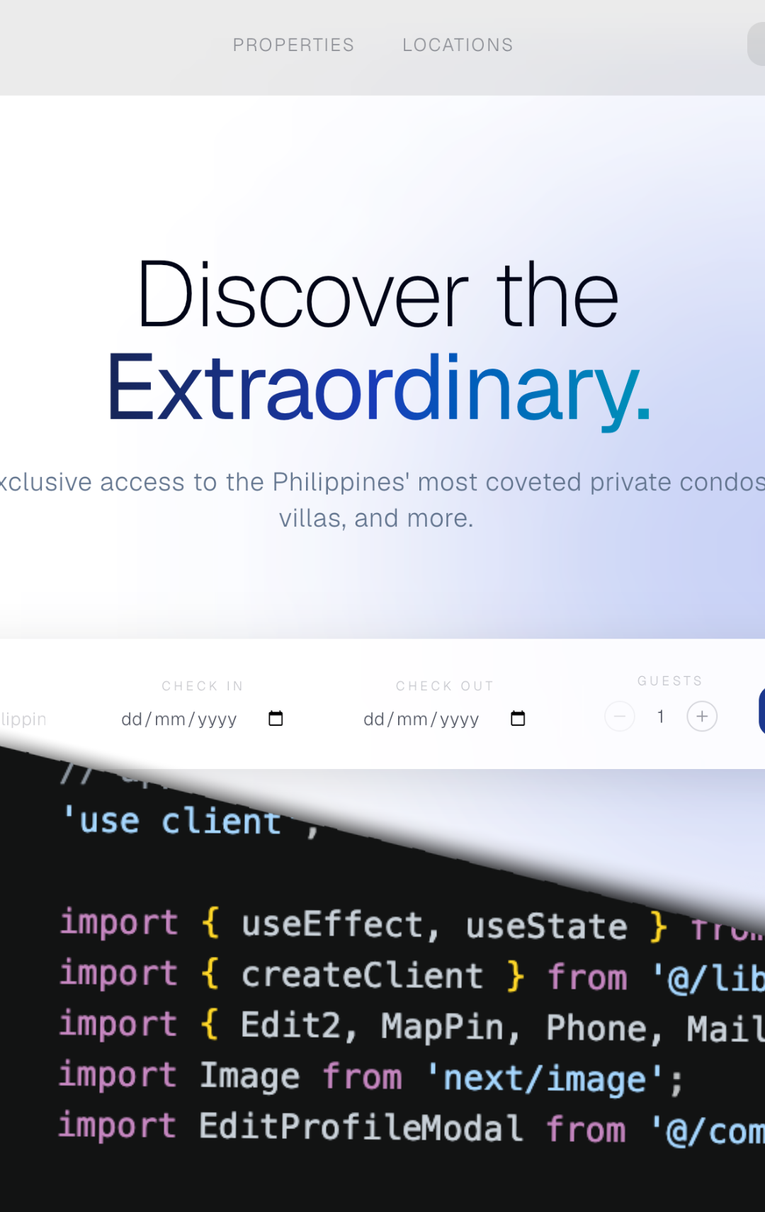 A split-screen image showing a website landing page for a real estate platform with the text 'Discover the Extraordinary,' and a code editor with programming code.
