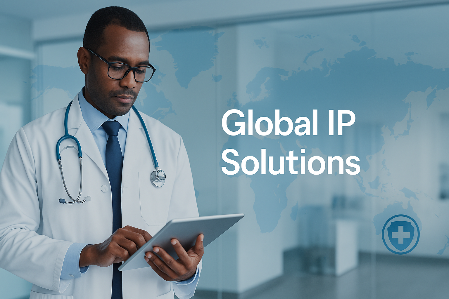 Doctor in white coat with stethoscope looking at tablet in front of a world map and the text 'Global IP Solutions'.