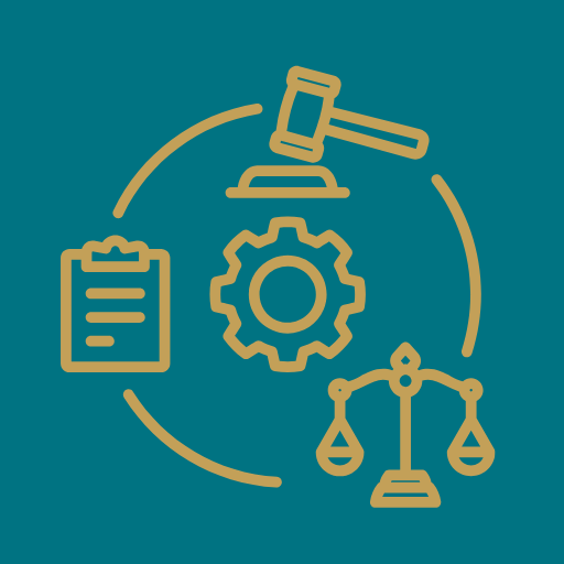 Icon of a gavel, gear, document, and scales of justice representing law and legal processes.