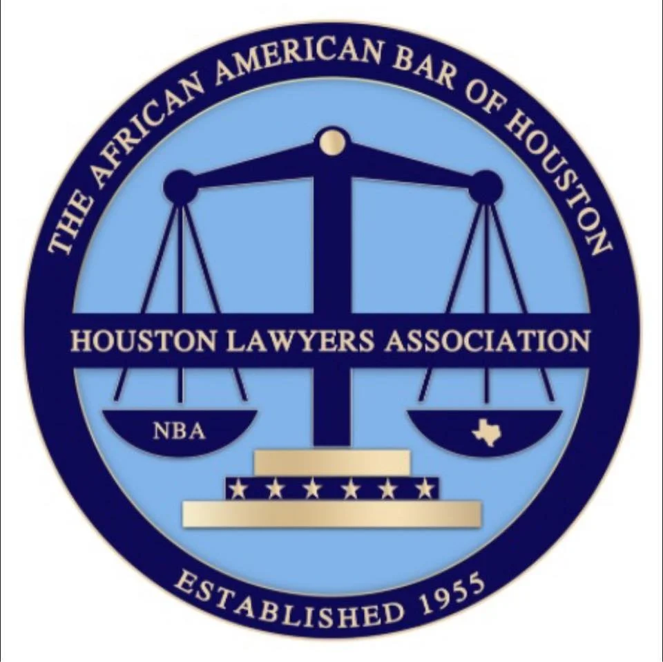 Seal of the Houston Lawyers Association featuring a balanced scale with NBA and Texas symbols, stars, and text around the outer edge that reads "The African American Bar of Houston," "Houston Lawyers Association," and "Established 1955."