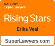 Orange promotional banner for Rising Stars by Erika Veal, rated by Super Lawyers, with the website SuperLawyers.com displayed.