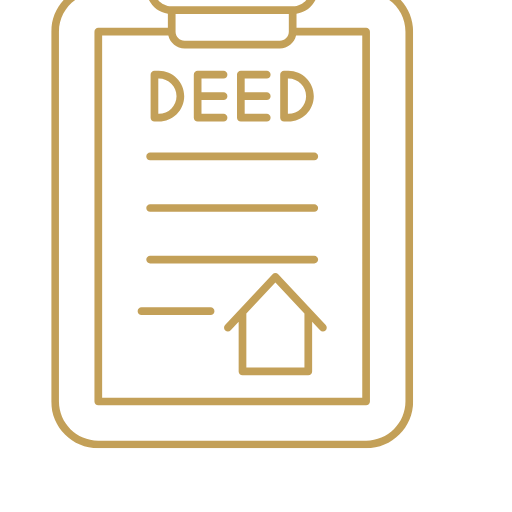 Illustration of a deed document on a clipboard with a house icon at the bottom.