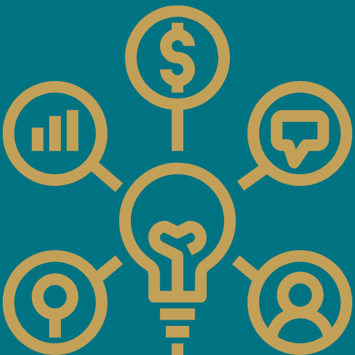 Icons representing a light bulb at the center with connected symbols for a chart, dollar sign, speech bubble, keyhole, and person.