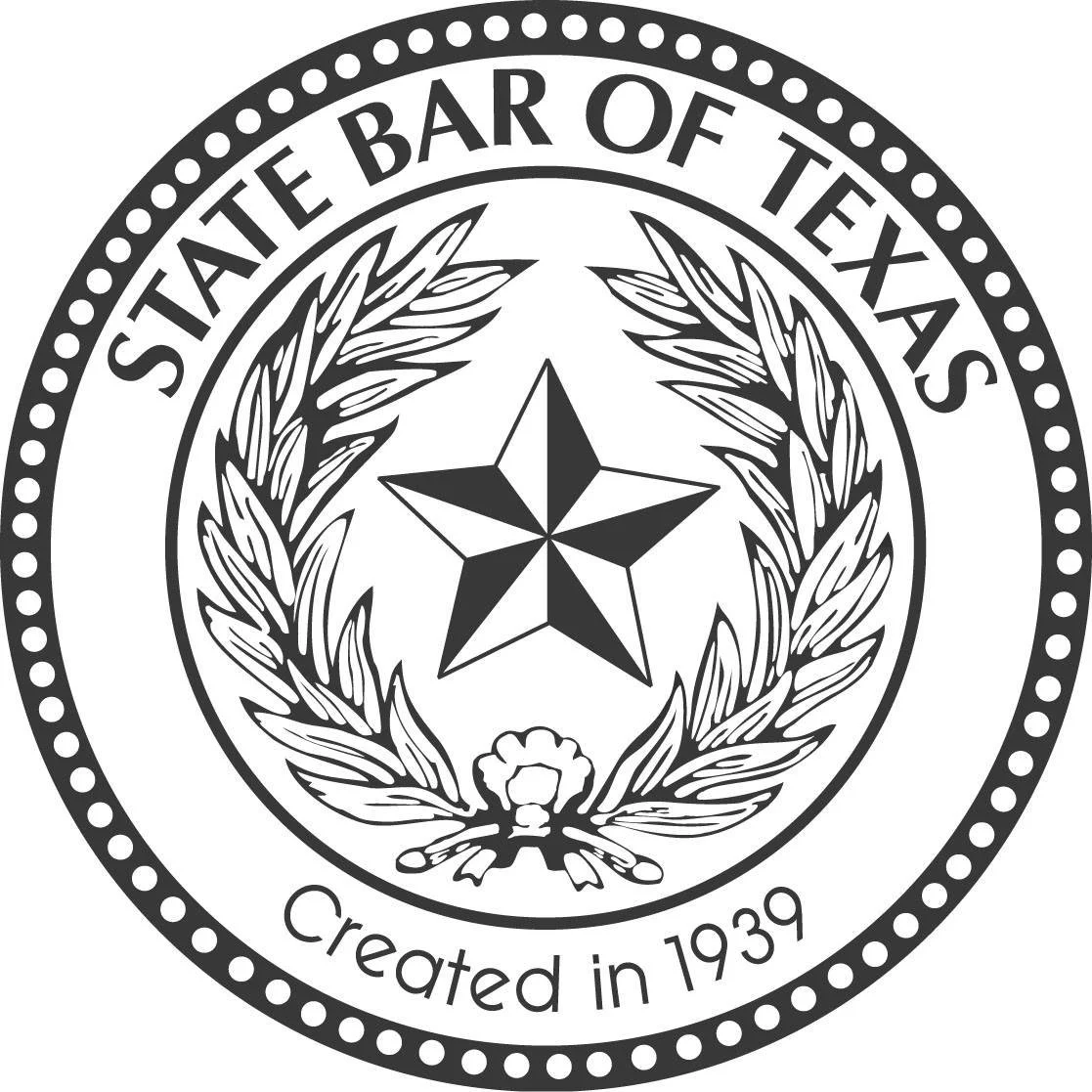 Seal of the State Bar of Texas featuring a star, olive branches, and the text 'Created in 1939'