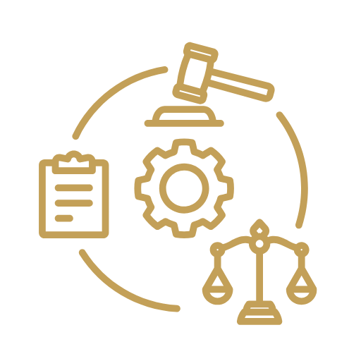Icon representing law, regulation, and compliance with a gavel, gear, clipboard, and balanced scales