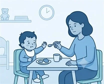 Illustration of a mother spoon-feeding a toddler at a small table.