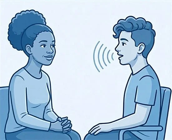 Illustration of a clinician holding a handheld voice meter toward a client mid-speech during a voice therapy session.