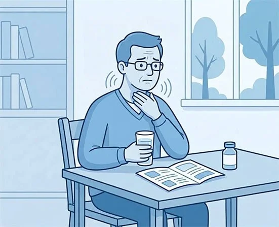 Illustration of a man at a table with his hand at his throat, a glass of water and medication beside an open leaflet.