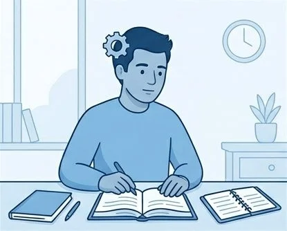 Illustration of a man writing in a notebook at a desk, a gear turning at his temple.
