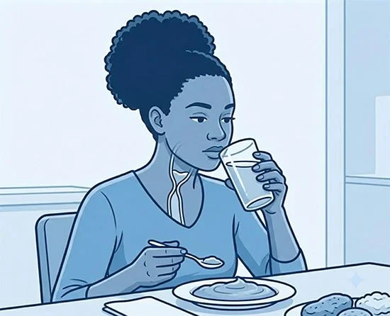 Illustration of a woman at a table sipping from a glass, a spoonful raised from a bowl of pureed food in front of her.