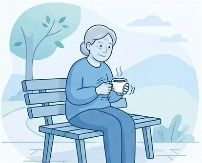 Illustration of an older woman sitting on a park bench holding a cup of coffee.