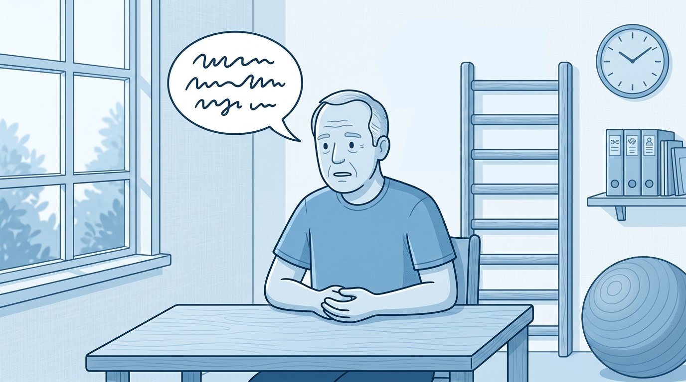 Illustration of a man sitting at a table in a therapy room, looking worried, his speech bubble filled with scrambled marks instead of words.