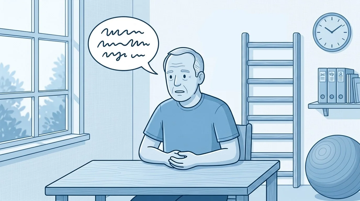 Illustration of a man sitting at a table in a therapy room, looking worried, his speech bubble filled with scrambled marks instead of words.