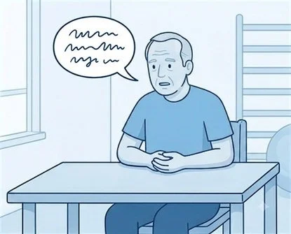 Illustration of a man at a table, his speech bubble filled with scrambled marks instead of words.