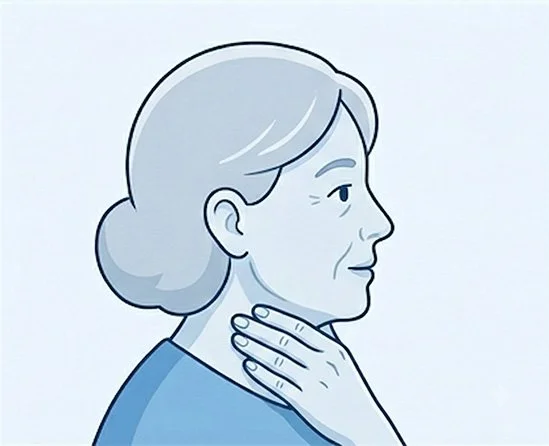 Illustration of a woman in profile resting her hand against her throat.