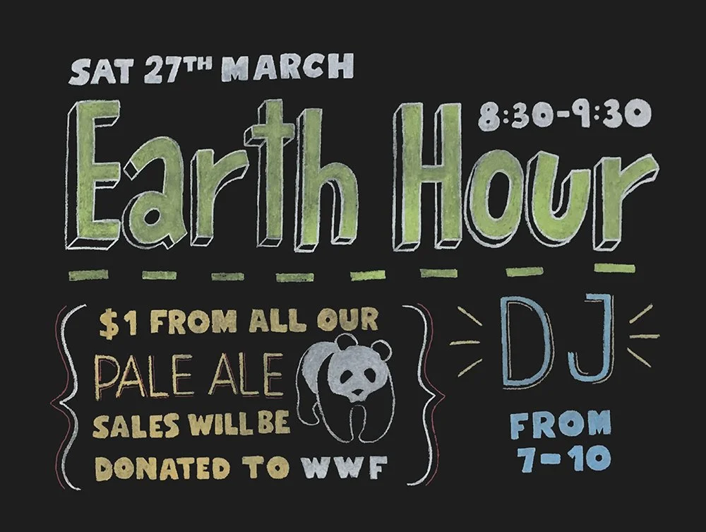 A black chalkboard with the words 'Earth Hour' written on it and other various text describing the breweries events