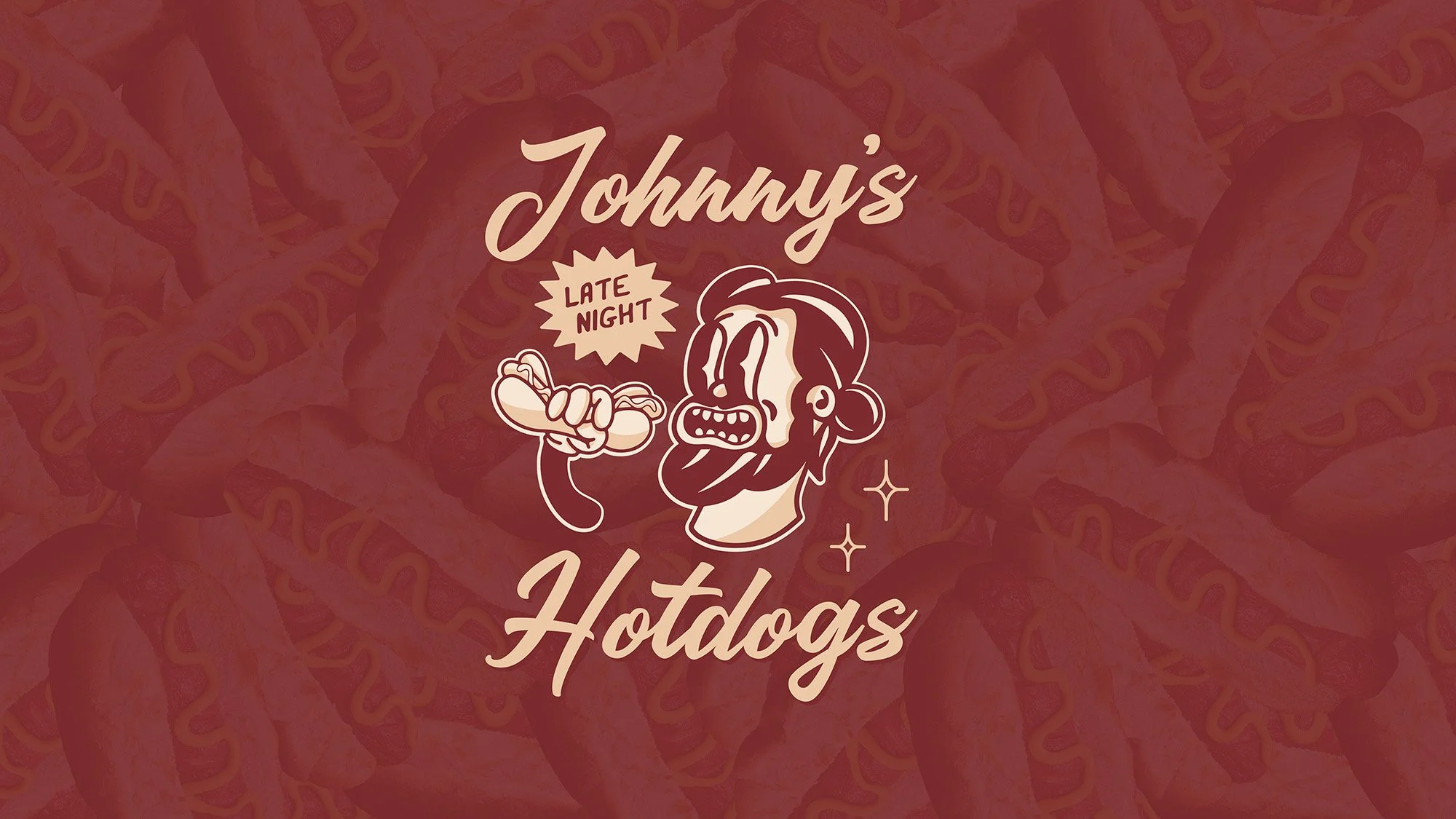 Graphic promoting Johnny's Hotdogs, featuring a cartoon character with a moustache and bun, holding a hot dog with mustard.