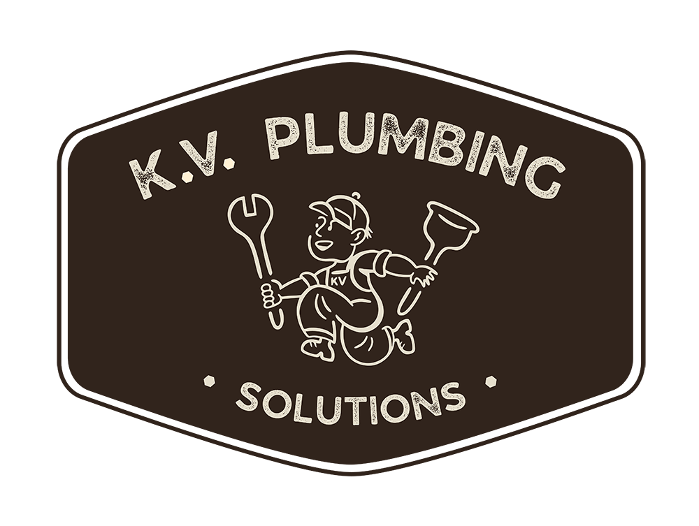 Logo for K.V. Plumbing Solutions with a plumber character holding a wrench and plunger.