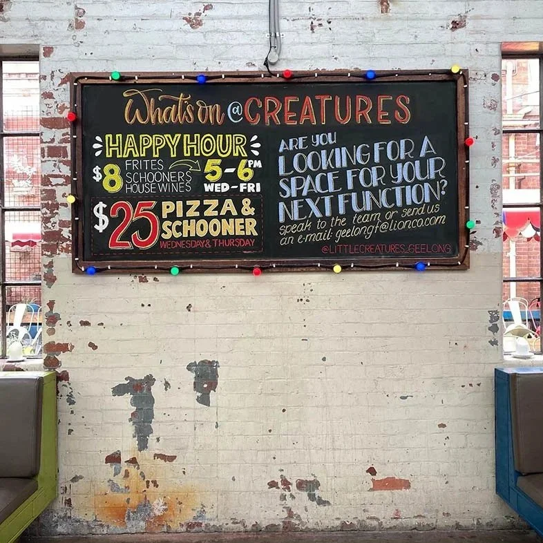 Hand-drawn chalkboard sign advertising events at Little Creatures Geelong.