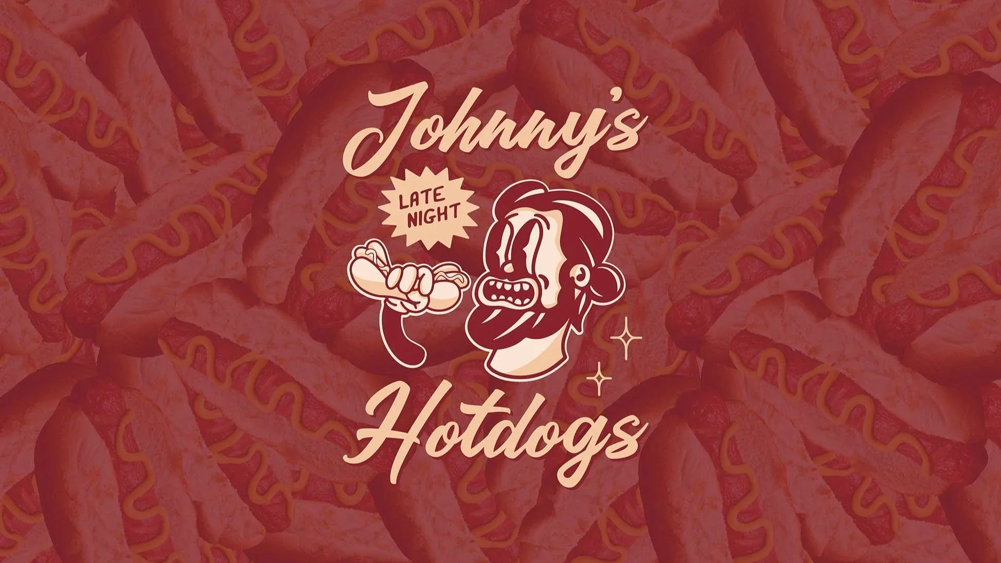 Graphic promoting Johnny's Hotdogs, featuring a cartoon character with a moustache and bun, holding a hot dog with mustard.