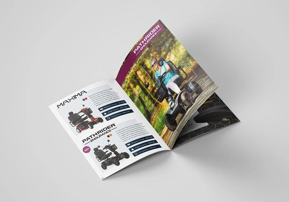 A product catalogue for Pride Mobility open with two products listed on one side and an ad for a mobility scooter on the other