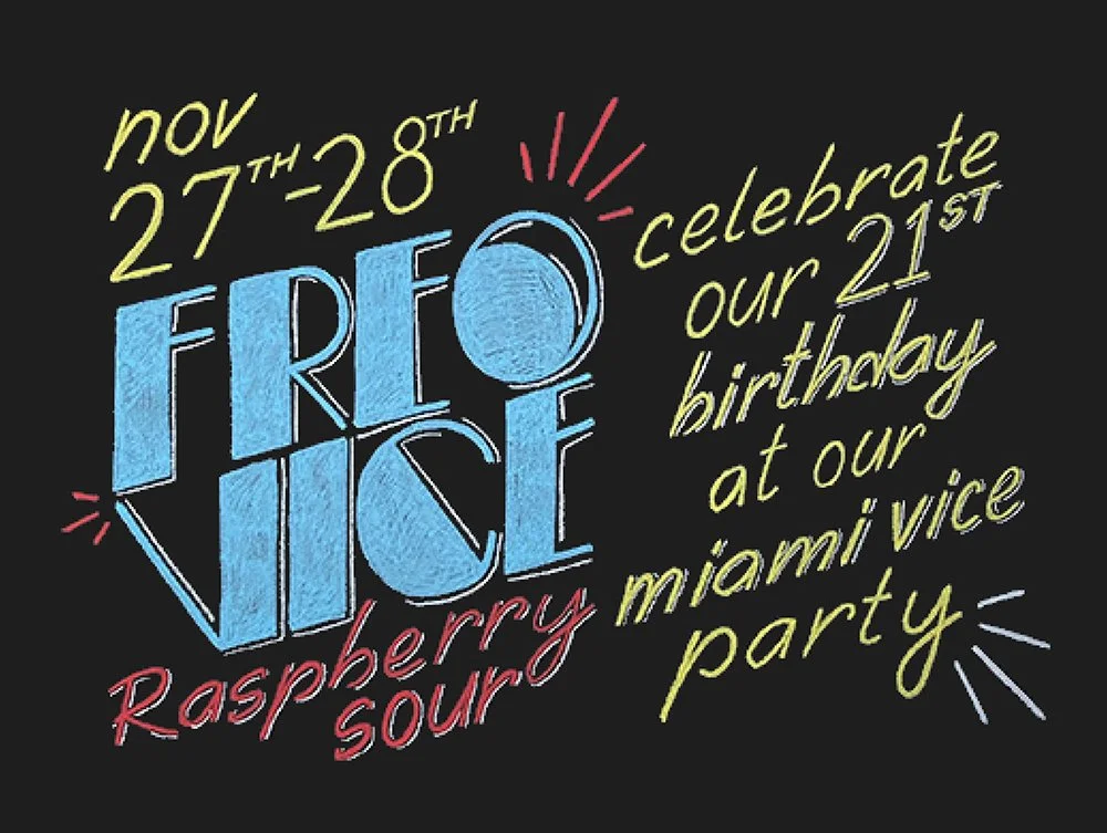 A black chalkboard with the words 'Freo Vice Rasberry Sour' written in a retro font