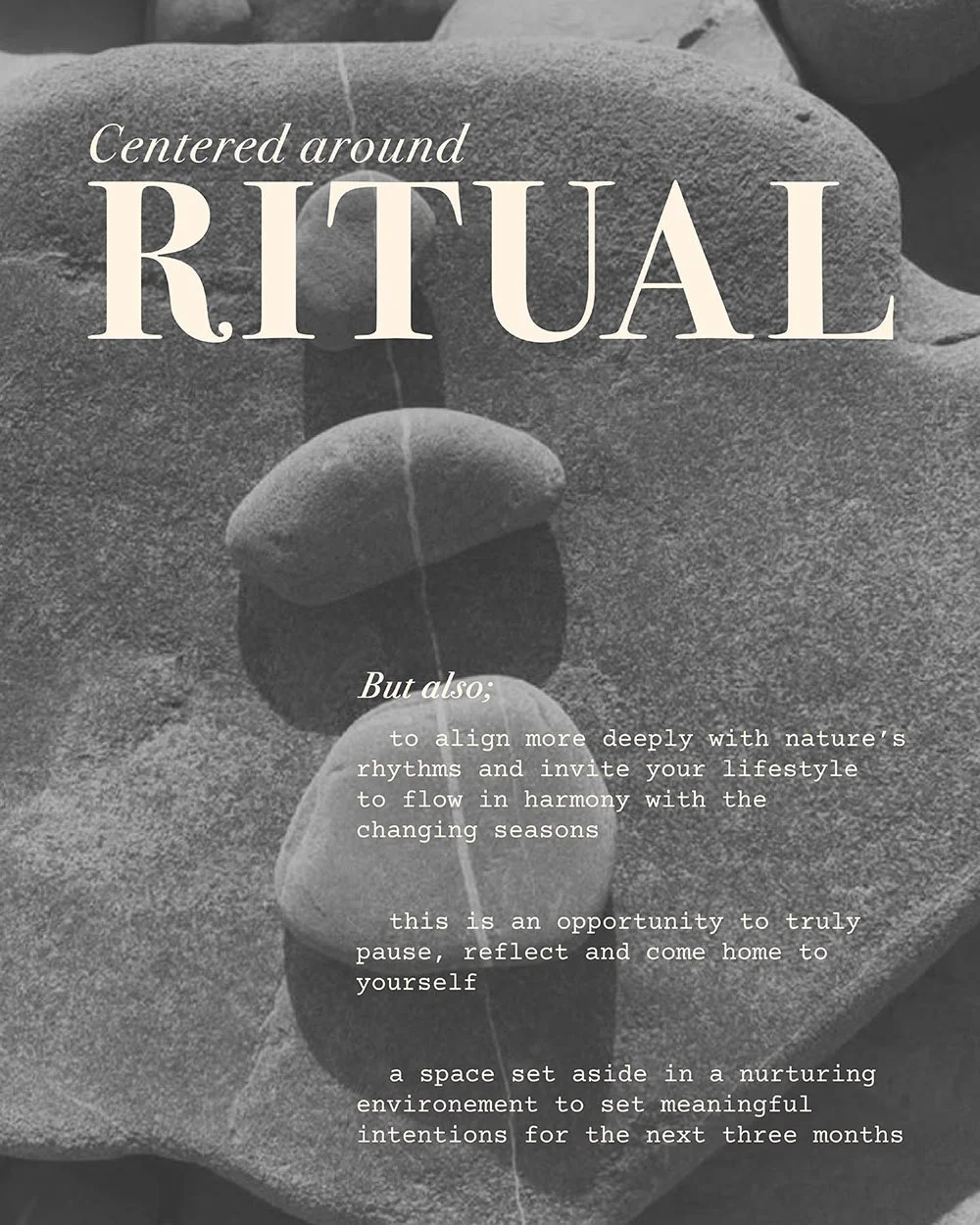 An instagram post with a grey rock background with the title 'Centered around Ritual'