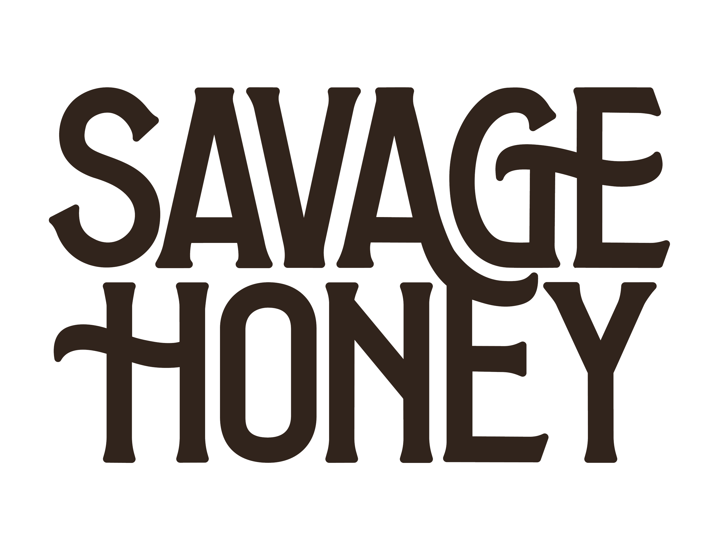 Logo for Savage Honey featuring typograhy with the phrase "Savage Honey" written in bold, vintage, stylized font.