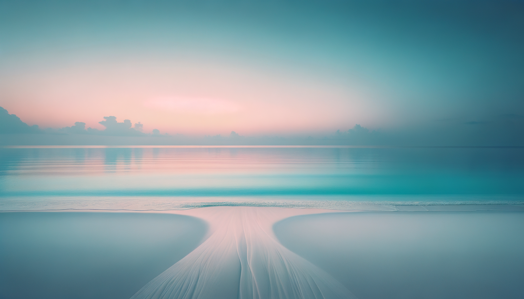 Paisaje sereno de la playa con arena blanca y vapor del mar, con cielo pastel en tonos rosados y azules, reflejados en el agua calma.