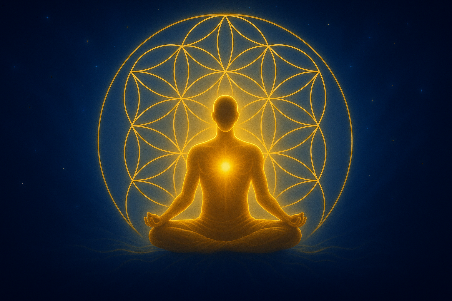 A luminous digital artwork depicting a meditating figure glowing with golden light at the heart centre, seated in the lotus position before a radiant Seed of Life pattern.
