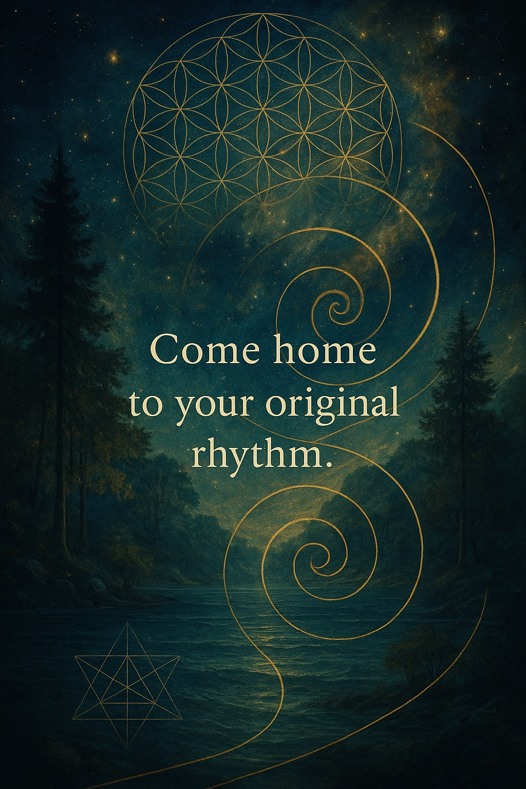 Inspirational quote over a mystical forest scene with trees and starry night sky, featuring geometric designs of the Flower of Life and golden spirals, reading: "Come home to your original rhythm."