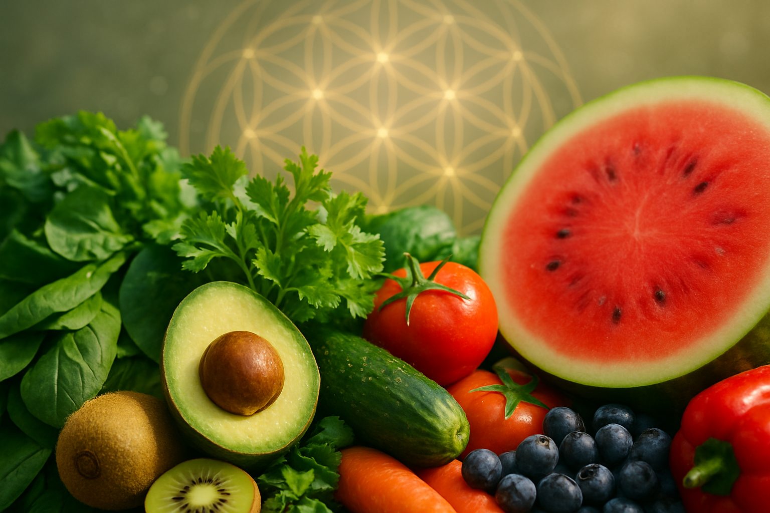 A radiant array of fresh organic fruits, herbs, and greens glistening with dew beneath golden sunlight, symbolizing hydrogen-rich vitality and the crystalline nourishment of life, with subtle sacred geometry glowing softly in the background.