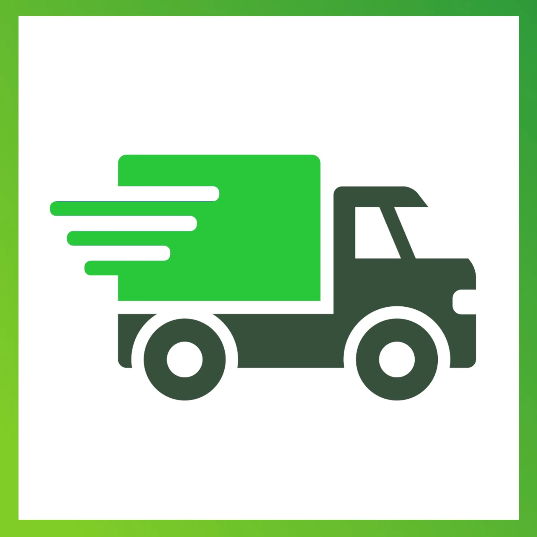 Icon of a delivery truck with a green cargo area and black cab, showing motion lines to indicate speed.