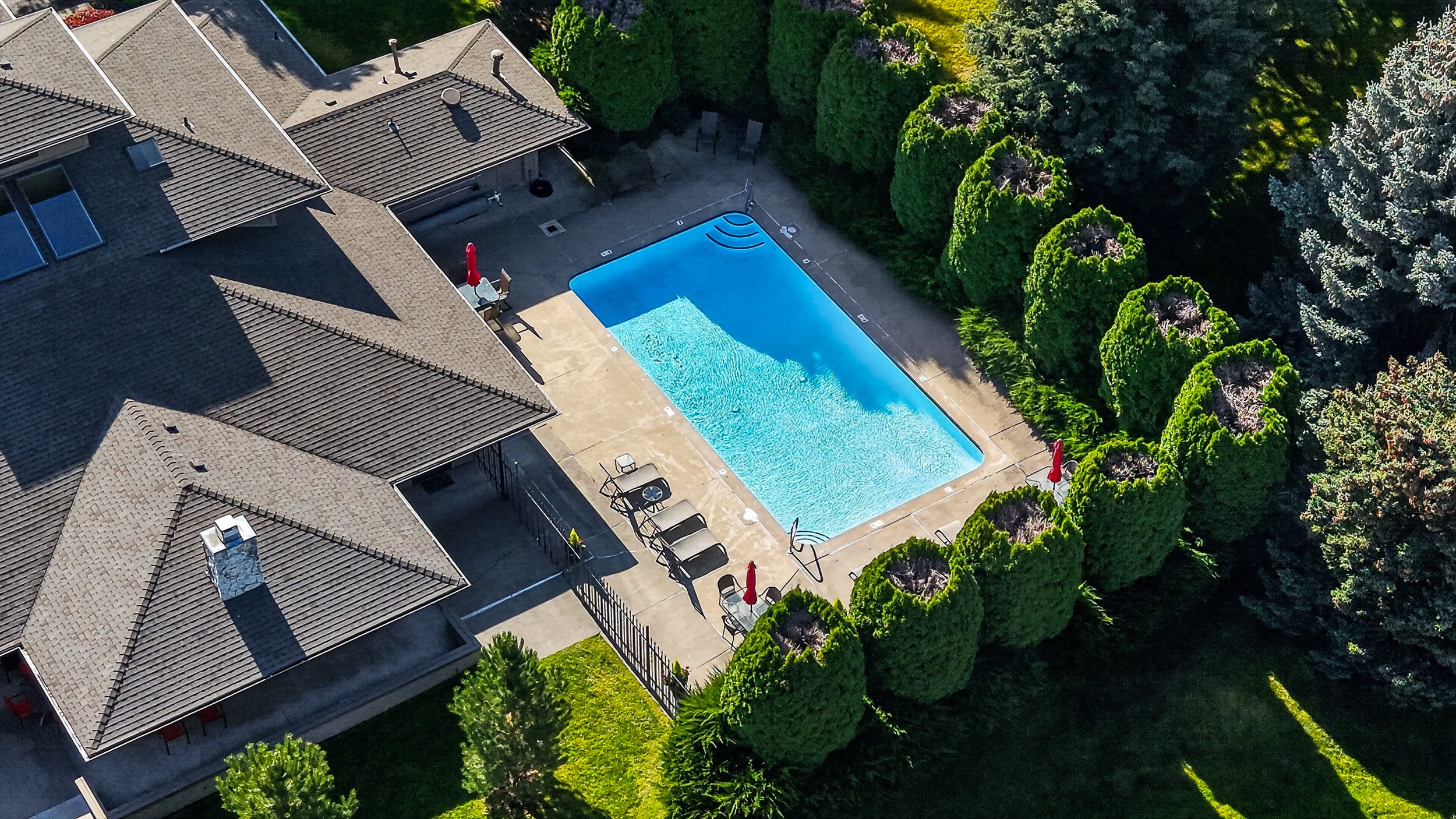Aerial view of a house with a swimming pool surrounded by lush green trees and shrubs.