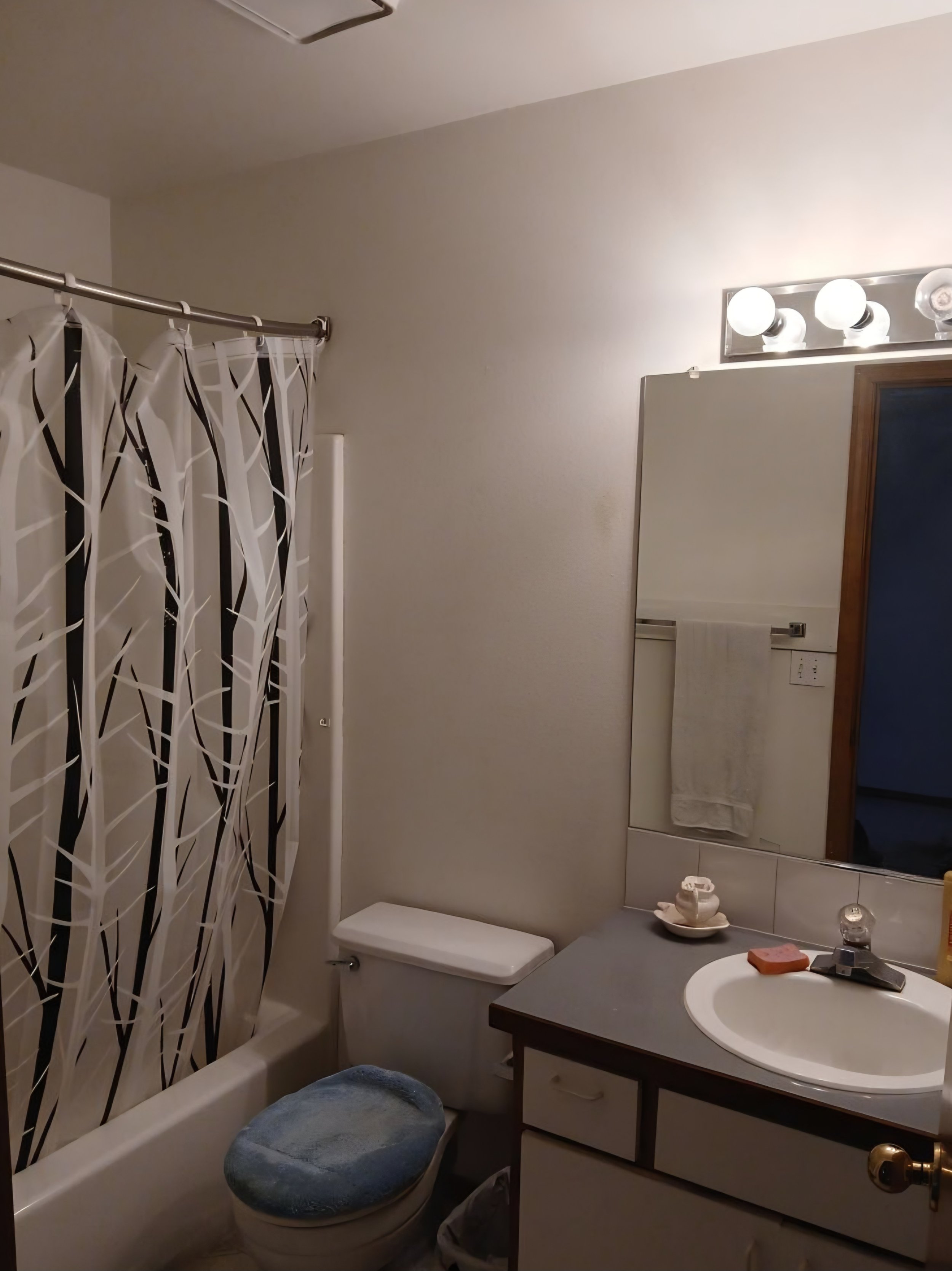 A bathroom with a shower curtain featuring a black and white leaf pattern, a toilet with a padded blue seat cover, a vanity with a sink, a mirror, and a wall-mounted light fixture with four exposed bulbs.